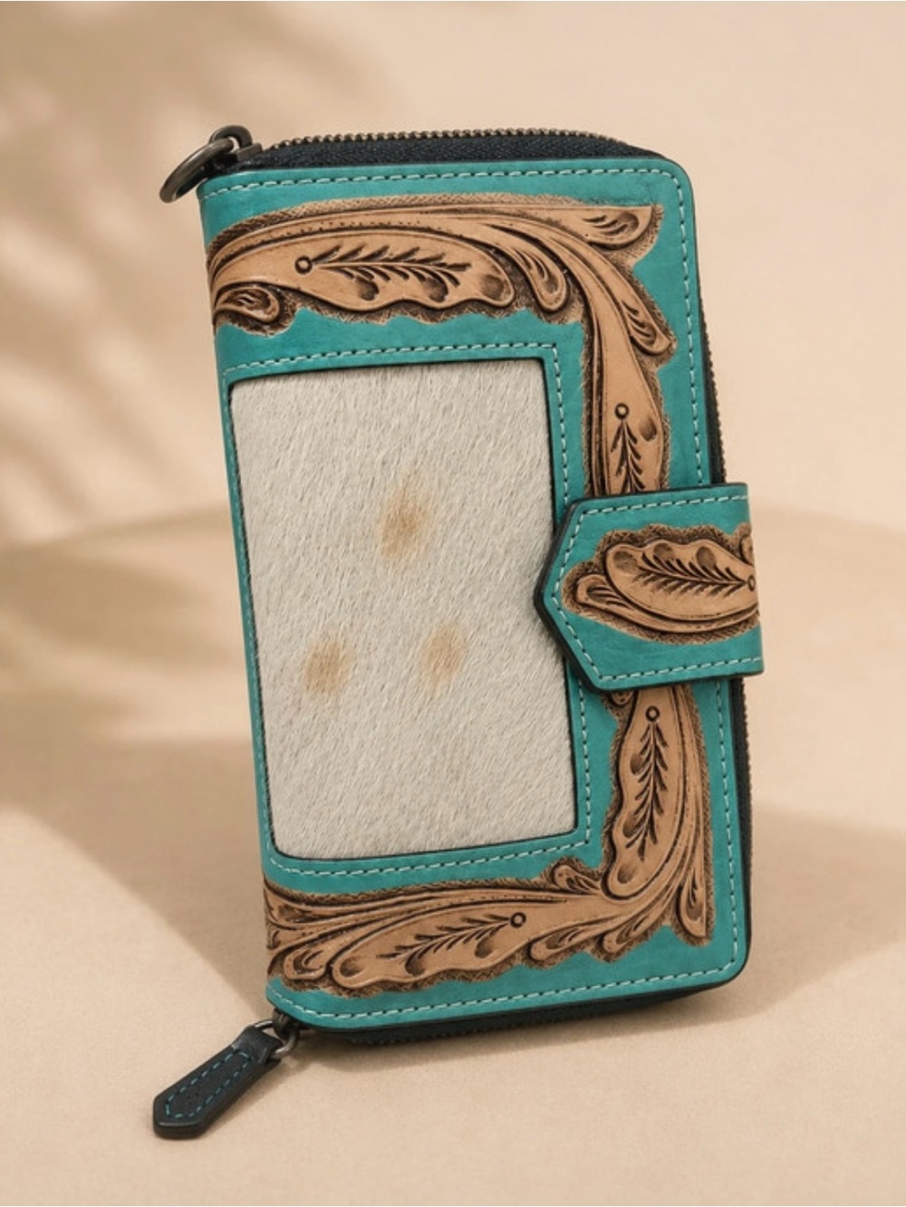 Turquoise Western Tooled Wallet with Hair-on Hide